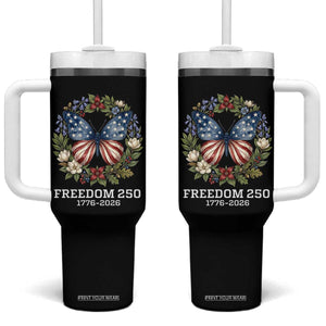 Freedom 250 Years American Flag Butterfly Tumbler With Handle Floral Wreath Patriotic 1776-2026 Semiquincentennial Celebration TS02 One Size: 40 oz Black Print Your Wear