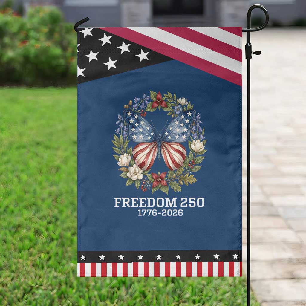 Freedom 250 Years American Flag Butterfly Garden Flag Floral Wreath Patriotic 1776-2026 Semiquincentennial Celebration TS02 Classic Blue Black Print Your Wear