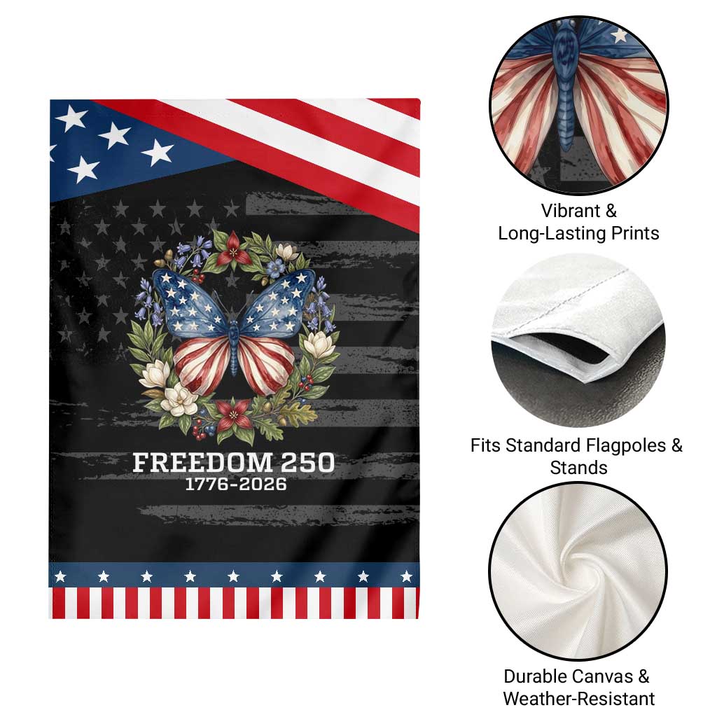 Freedom 250 Years American Flag Butterfly Garden Flag Floral Wreath Patriotic 1776-2026 Semiquincentennial Celebration TS02 Print Your Wear
