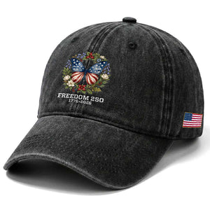 Freedom 250 Years American Flag Butterfly Washed Cotton Baseball Cap Floral Wreath Patriotic 1776-2026 Semiquincentennial Celebration TS02 Print Your Wear