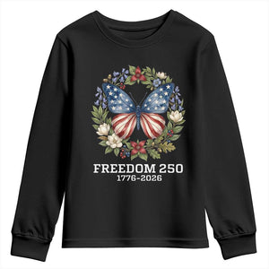 Freedom 250 Years American Flag Butterfly Youth Sweatshirt Floral Wreath Patriotic 1776-2026 Semiquincentennial Celebration TS02 Black Print Your Wear