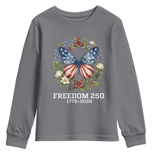 Freedom 250 Years American Flag Butterfly Youth Sweatshirt Floral Wreath Patriotic 1776-2026 Semiquincentennial Celebration TS02 Charcoal Print Your Wear