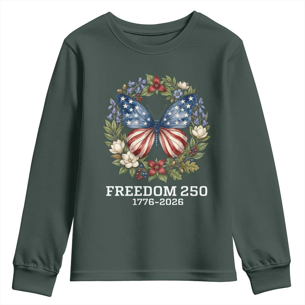 Freedom 250 Years American Flag Butterfly Youth Sweatshirt Floral Wreath Patriotic 1776-2026 Semiquincentennial Celebration TS02 Dark Forest Green Print Your Wear
