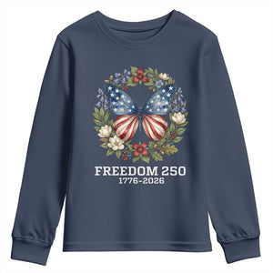 Freedom 250 Years American Flag Butterfly Youth Sweatshirt Floral Wreath Patriotic 1776-2026 Semiquincentennial Celebration TS02 Navy Print Your Wear