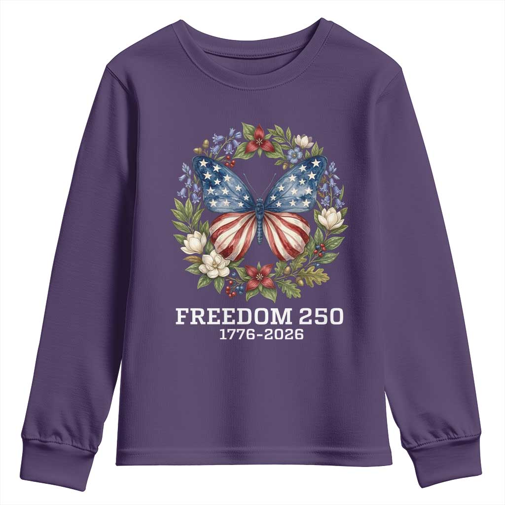 Freedom 250 Years American Flag Butterfly Youth Sweatshirt Floral Wreath Patriotic 1776-2026 Semiquincentennial Celebration TS02 Purple Print Your Wear