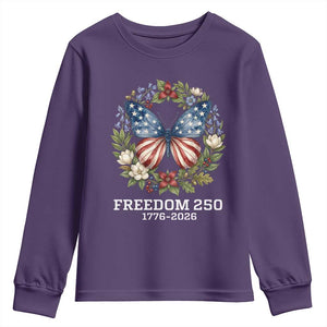 Freedom 250 Years American Flag Butterfly Youth Sweatshirt Floral Wreath Patriotic 1776-2026 Semiquincentennial Celebration TS02 Purple Print Your Wear