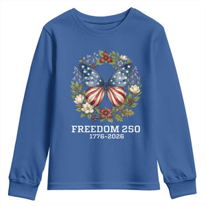Freedom 250 Years American Flag Butterfly Youth Sweatshirt Floral Wreath Patriotic 1776-2026 Semiquincentennial Celebration TS02 Royal Blue Print Your Wear