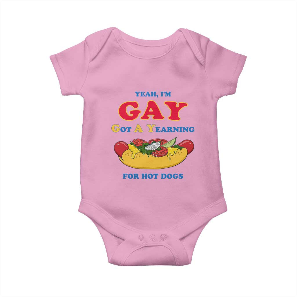 Yeah I’m GAY Got A Yearning For Hot Dogs Baby Onesie Funny Foodie Humor Retro Graphic TS02 Light Pink Print Your Wear
