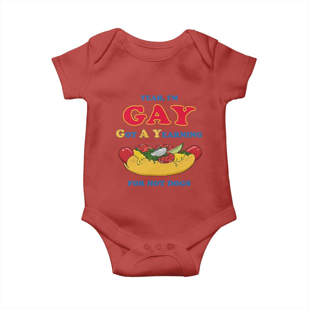 Yeah I’m GAY Got A Yearning For Hot Dogs Baby Onesie Funny Foodie Humor Retro Graphic TS02 Red Print Your Wear