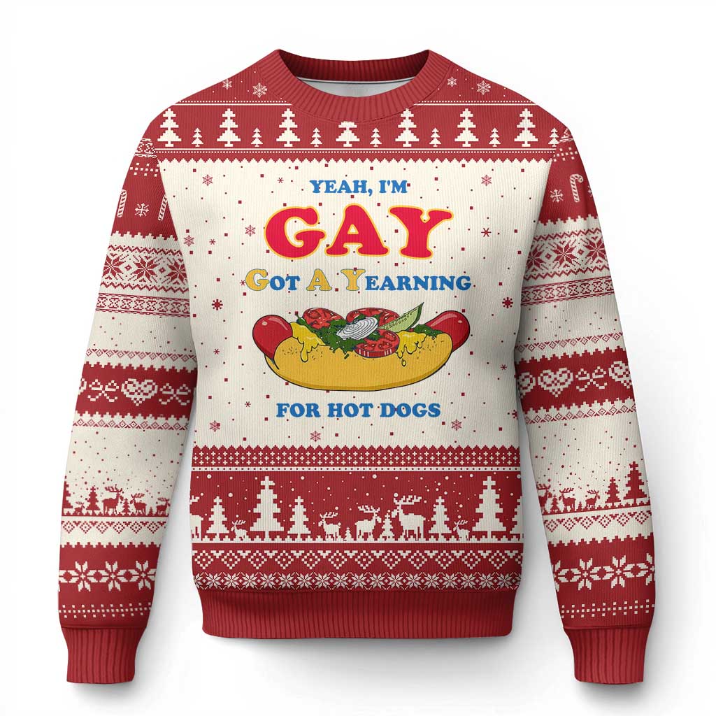 Yeah I’m GAY Got A Yearning For Hot Dogs Ugly Christmas Sweater Funny Foodie Humor Retro Graphic TS02 Beige Red Print Your Wear