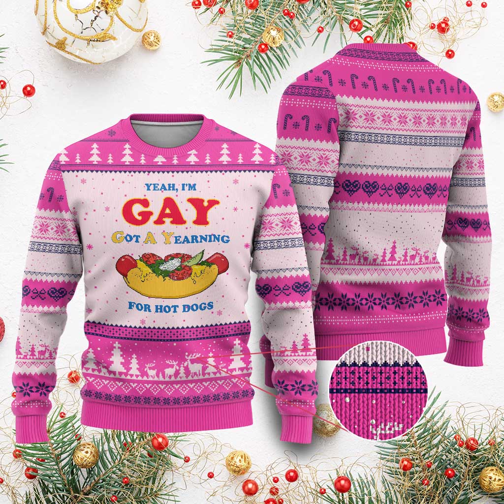 Yeah I’m GAY Got A Yearning For Hot Dogs Ugly Christmas Sweater Funny Foodie Humor Retro Graphic TS02 Hot Pink Print Your Wear