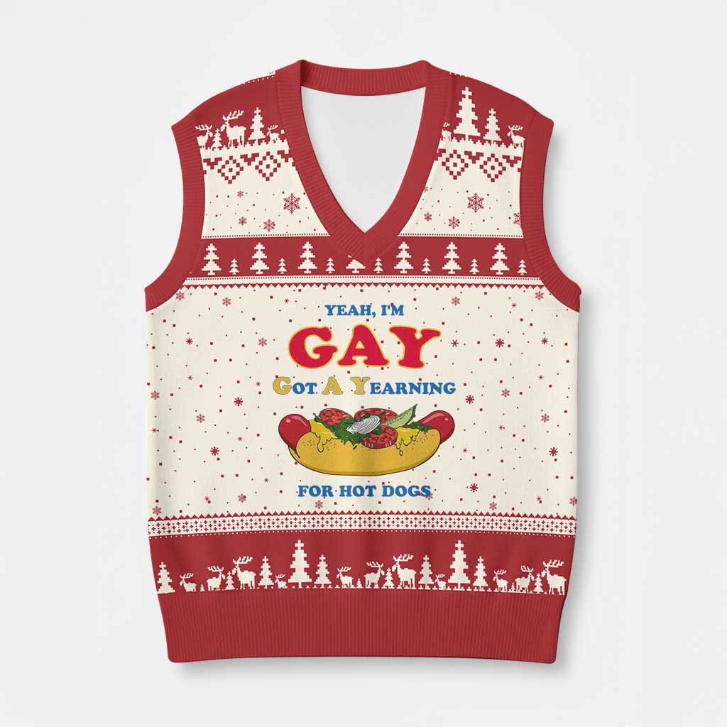 Yeah I’m GAY Got A Yearning For Hot Dogs V-Neck Knit Sweater Vest Funny Foodie Humor Retro Graphic TS02 Beige Red Print Your Wear