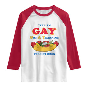 Yeah I’m GAY Got A Yearning For Hot Dogs Raglan Shirt Funny Foodie Humor Retro Graphic TS02 White Red Print Your Wear