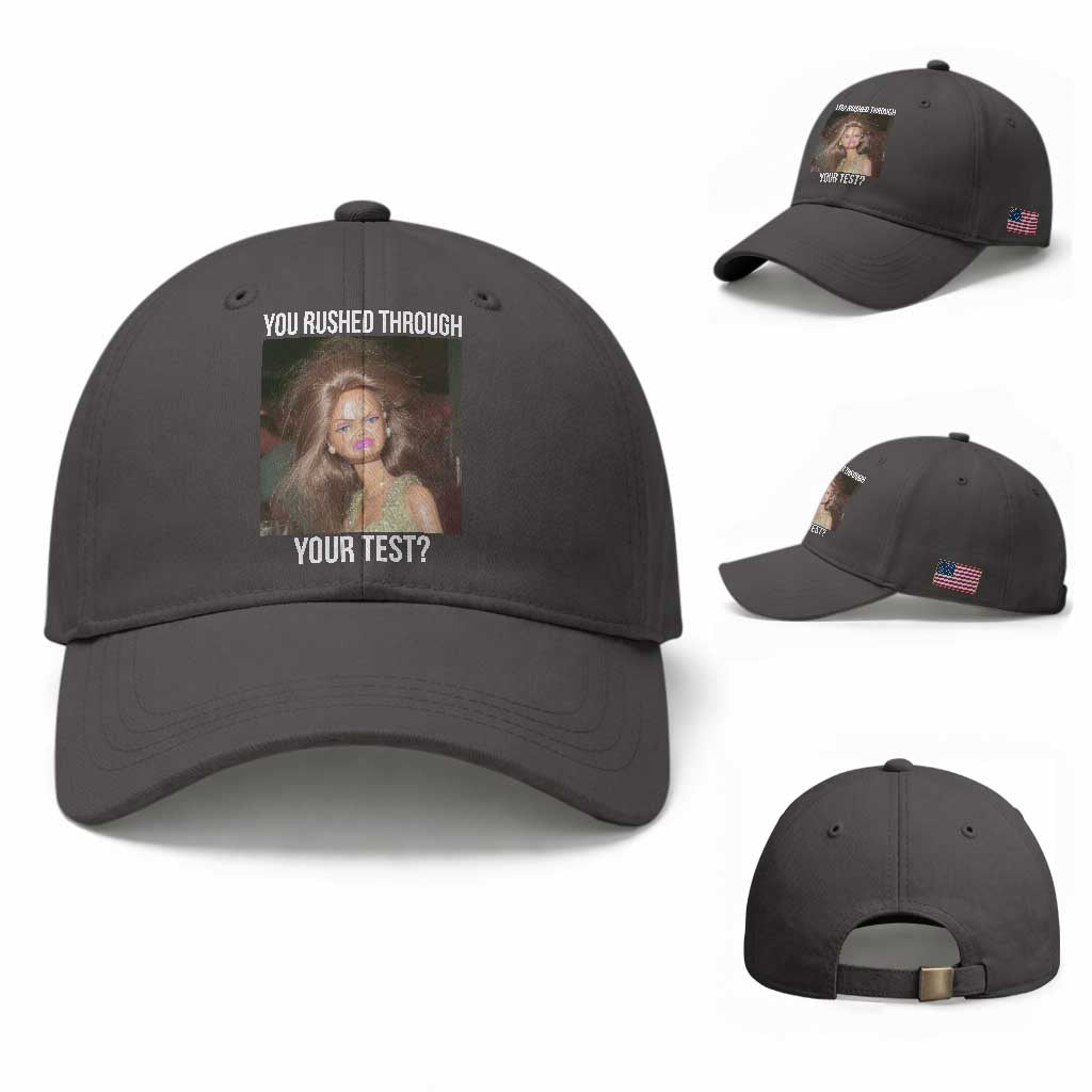 Funny Disheveled Doll Meme Testing Day Baseball Cap You Rushed Through Your Test Teacher Reaction Humor TS02 Baseball Cap Universal Fit Dark Gray Print Your Wear