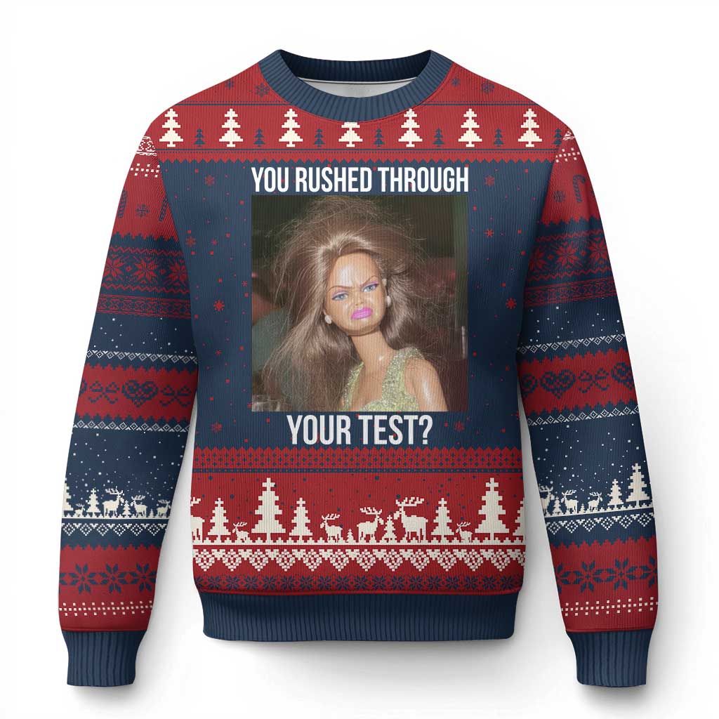 Funny Disheveled Doll Meme Testing Day Ugly Christmas Sweater You Rushed Through Your Test Teacher Reaction Humor TS02 Navy Red Print Your Wear