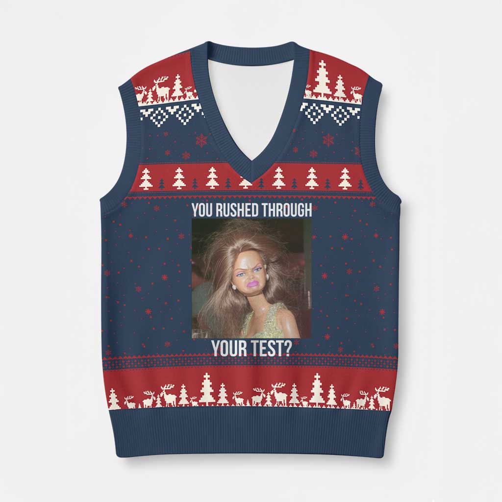 Funny Disheveled Doll Meme Testing Day V-Neck Knit Sweater Vest You Rushed Through Your Test Teacher Reaction Humor TS02 Navy Red Print Your Wear