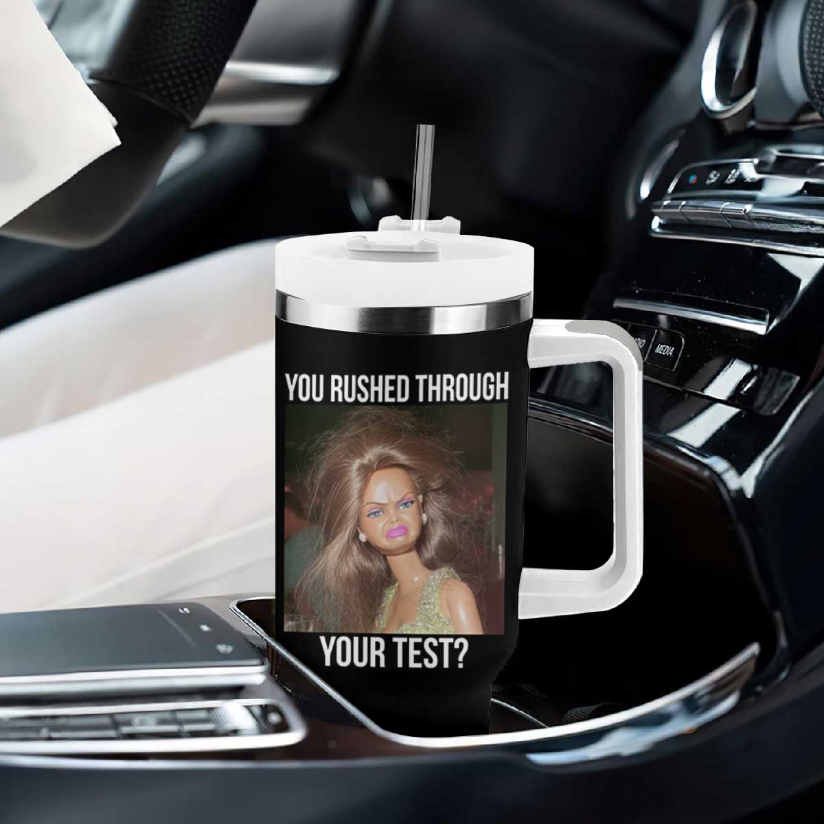 Funny Disheveled Doll Meme Testing Day Tumbler With Handle You Rushed Through Your Test Teacher Reaction Humor TS02 Print Your Wear