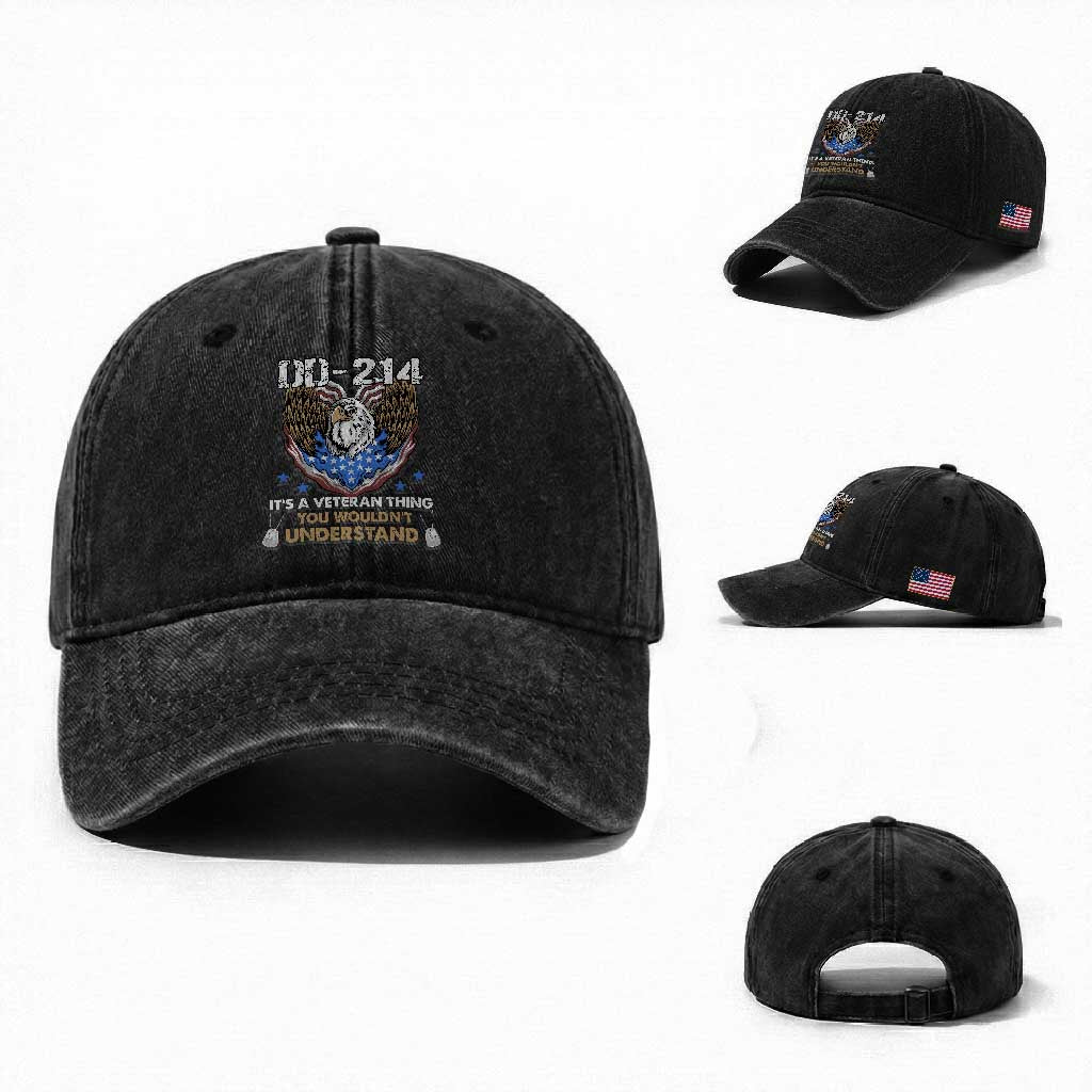 DD-214 Its A Veteran Thing You Wouldnt Understand Washed Cotton Baseball Cap Patriotic American Eagle Military Pride Graphic TS02 Washed Cap Universal Fit Black Print Your Wear
