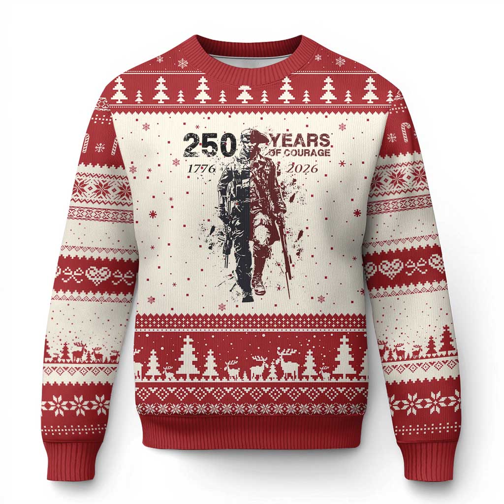 250 Years of Courage Commemorative Patriotic Soldier Ugly Christmas Sweater American Revolution to Modern Military 1776 to 2026 Semiquincentennial TS02 Beige Red Print Your Wear