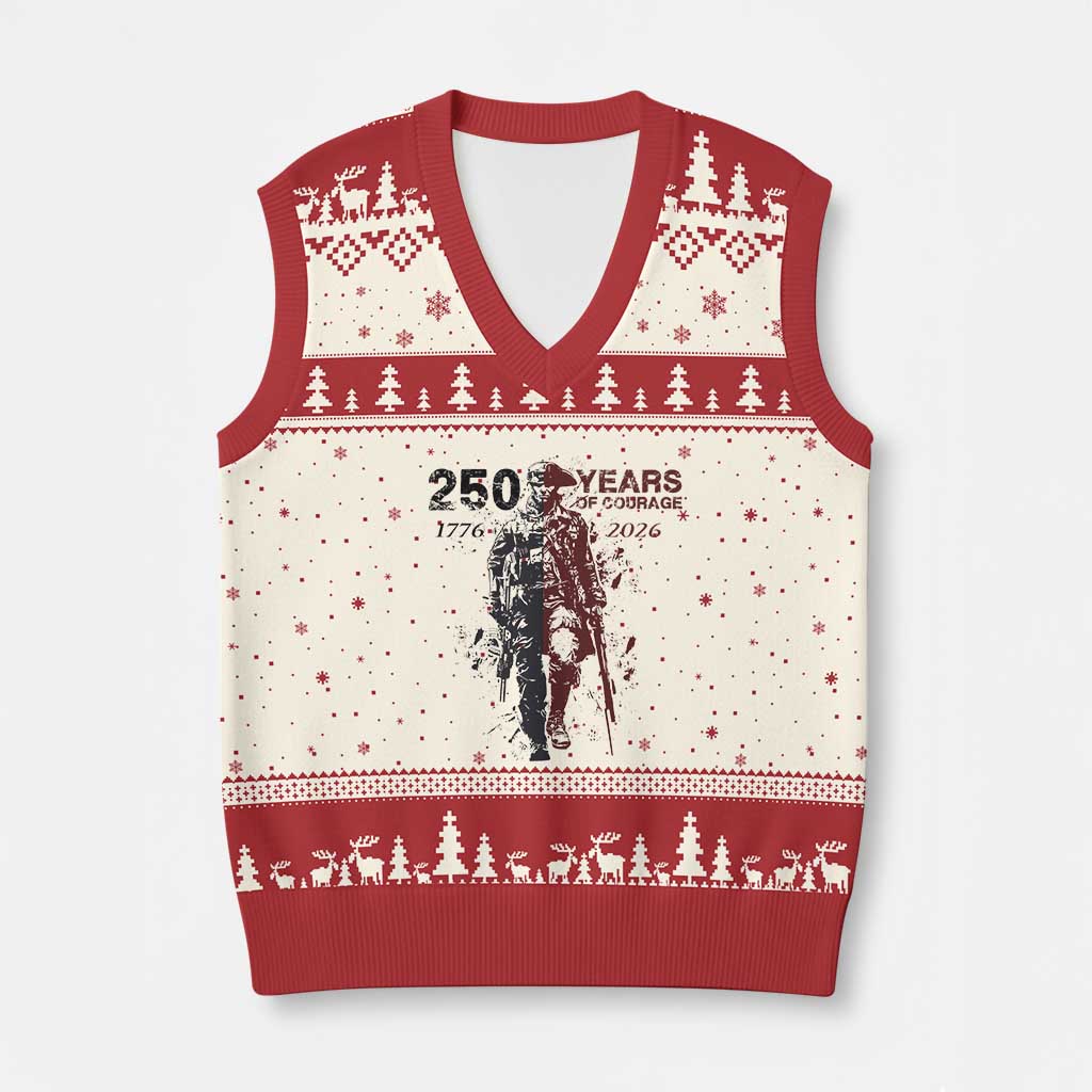 250 Years of Courage Commemorative Patriotic Soldier V-Neck Knit Sweater Vest American Revolution to Modern Military 1776 to 2026 Semiquincentennial TS02 Beige Red Print Your Wear