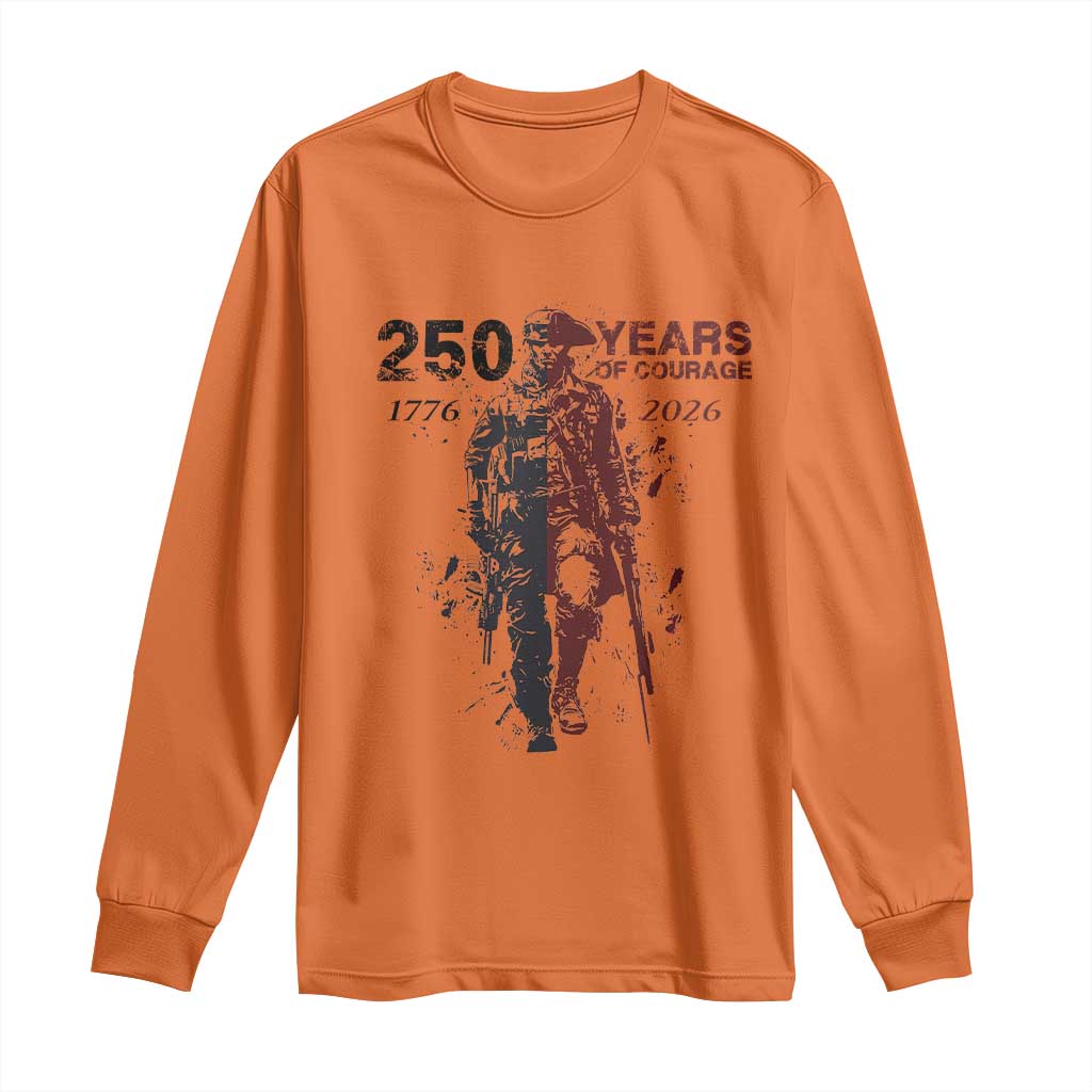 250 Years of Courage Commemorative Patriotic Soldier Long Sleeve Shirt American Revolution to Modern Military 1776 to 2026 Semiquincentennial TS02 Orange Print Your Wear