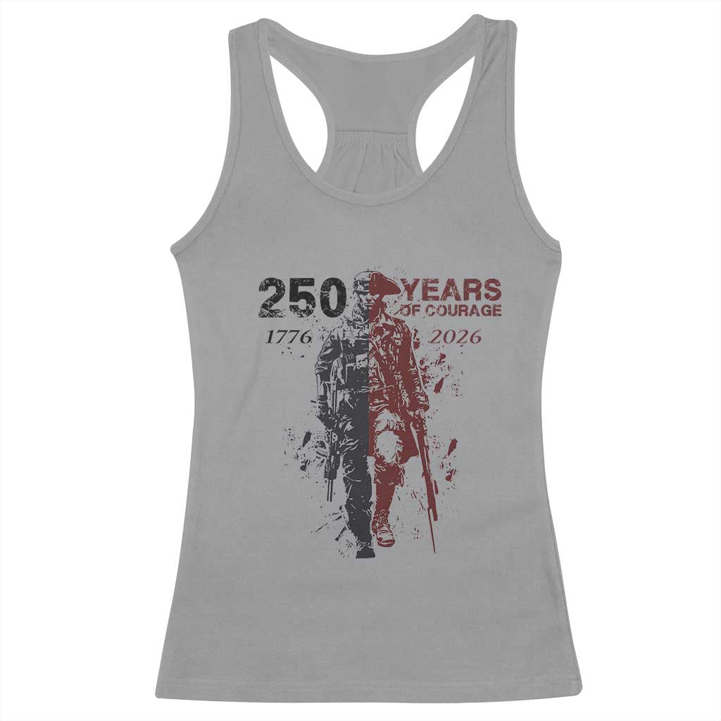 250 Years of Courage Commemorative Patriotic Soldier Racerback Tank Top American Revolution to Modern Military 1776 to 2026 Semiquincentennial TS02 Sport Gray Print Your Wear