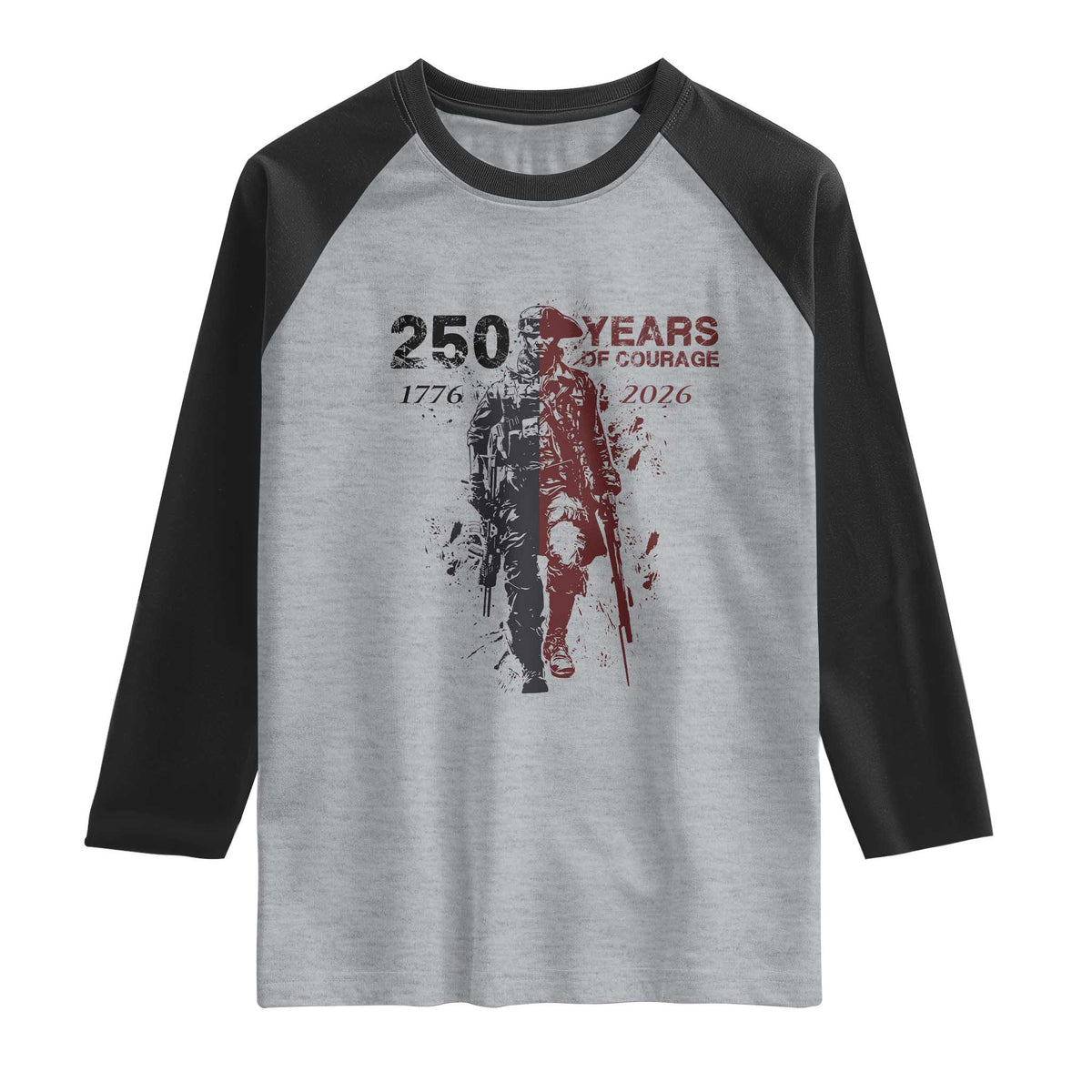 250 Years of Courage Commemorative Patriotic Soldier Raglan Shirt American Revolution to Modern Military 1776 to 2026 Semiquincentennial TS02 Heather Gray Black Print Your Wear