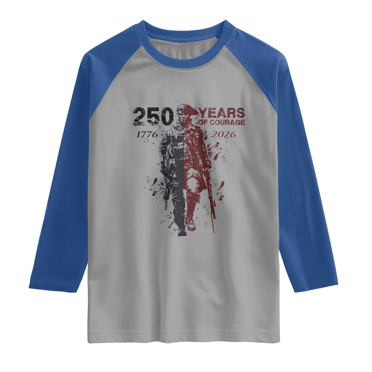 250 Years of Courage Commemorative Patriotic Soldier Raglan Shirt American Revolution to Modern Military 1776 to 2026 Semiquincentennial TS02 Sport Gray Royal Print Your Wear