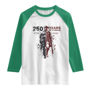 250 Years of Courage Commemorative Patriotic Soldier Raglan Shirt American Revolution to Modern Military 1776 to 2026 Semiquincentennial TS02 White Kelly Green Print Your Wear