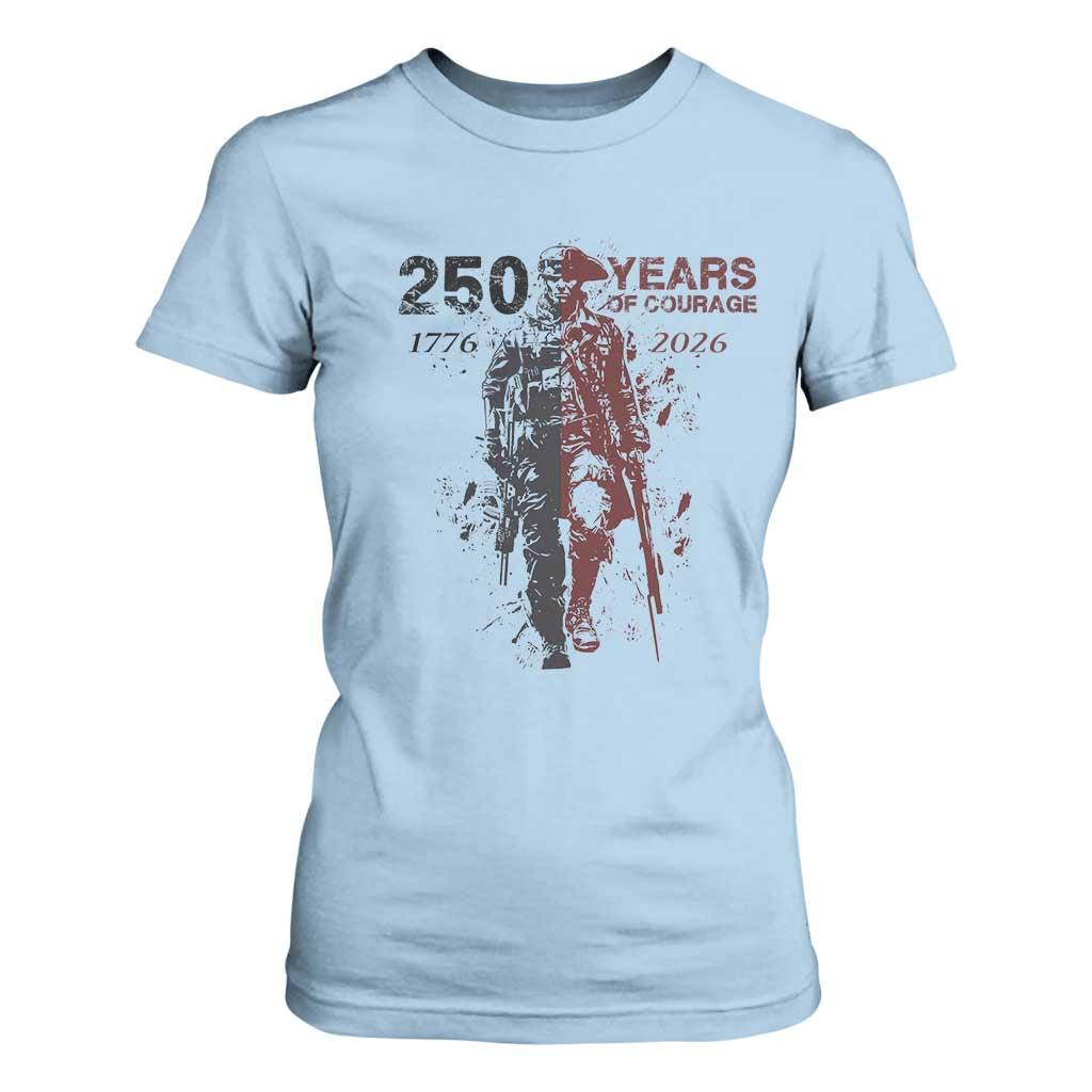 250 Years of Courage Commemorative Patriotic Soldier T Shirt For Women American Revolution to Modern Military 1776 to 2026 Semiquincentennial TS02 Light Blue Print Your Wear