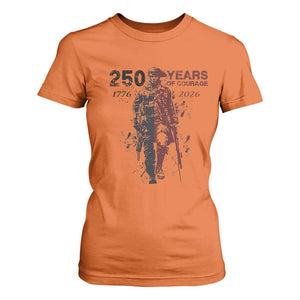 250 Years of Courage Commemorative Patriotic Soldier T Shirt For Women American Revolution to Modern Military 1776 to 2026 Semiquincentennial TS02 Orange Print Your Wear