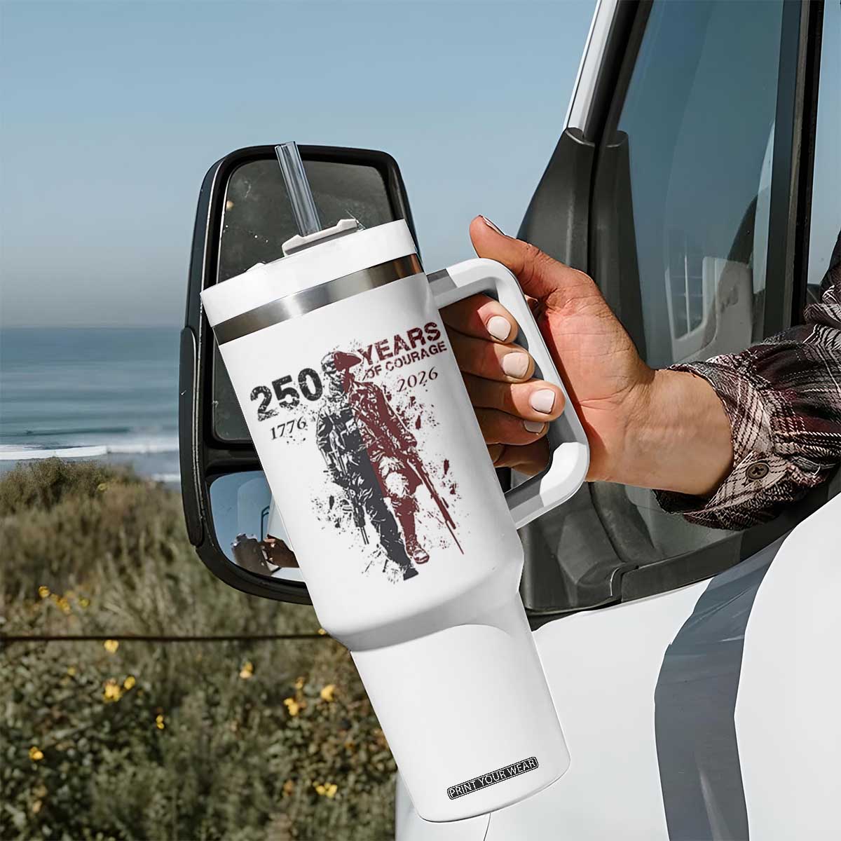250 Years of Courage Commemorative Patriotic Soldier Tumbler With Handle American Revolution to Modern Military 1776 to 2026 Semiquincentennial TS02 Print Your Wear