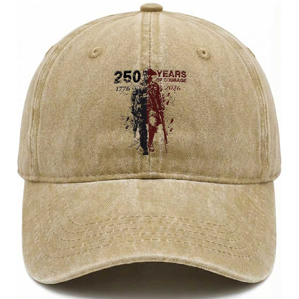 250 Years of Courage Commemorative Patriotic Soldier Washed Cotton Baseball Cap American Revolution to Modern Military 1776 to 2026 Semiquincentennial TS02 Print Your Wear
