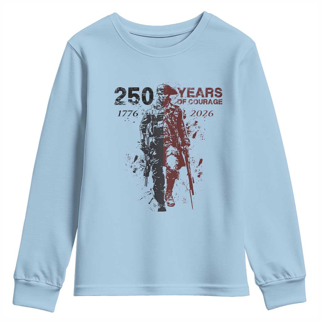 250 Years of Courage Commemorative Patriotic Soldier Youth Sweatshirt American Revolution to Modern Military 1776 to 2026 Semiquincentennial TS02 Light Blue Print Your Wear