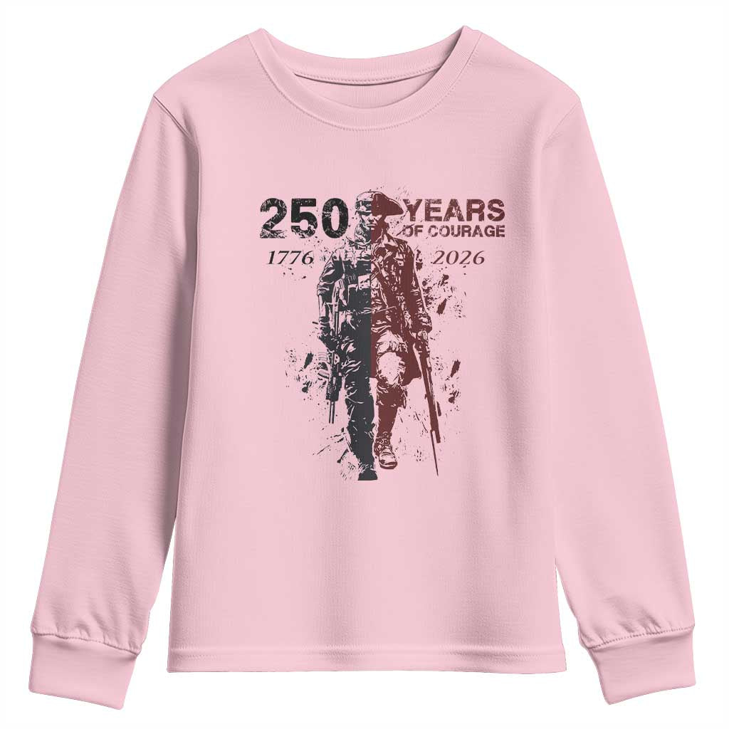 250 Years of Courage Commemorative Patriotic Soldier Youth Sweatshirt American Revolution to Modern Military 1776 to 2026 Semiquincentennial TS02 Light Pink Print Your Wear