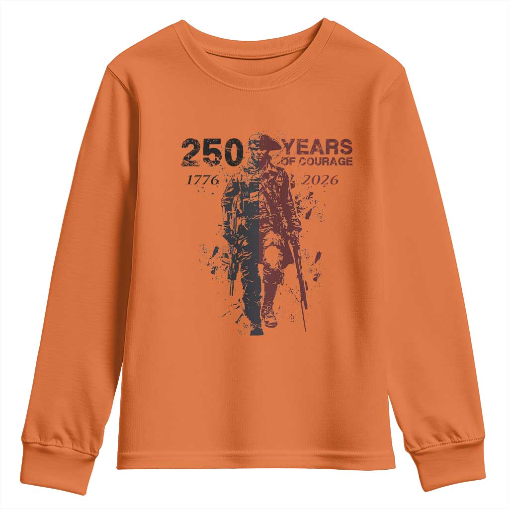 250 Years of Courage Commemorative Patriotic Soldier Youth Sweatshirt American Revolution to Modern Military 1776 to 2026 Semiquincentennial TS02 Orange Print Your Wear