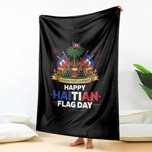 Happy Haitian Flag Day May 18 Heritage Celebration Throw Blanket L'Union Fait La Force Coat Of Arms Fireworks