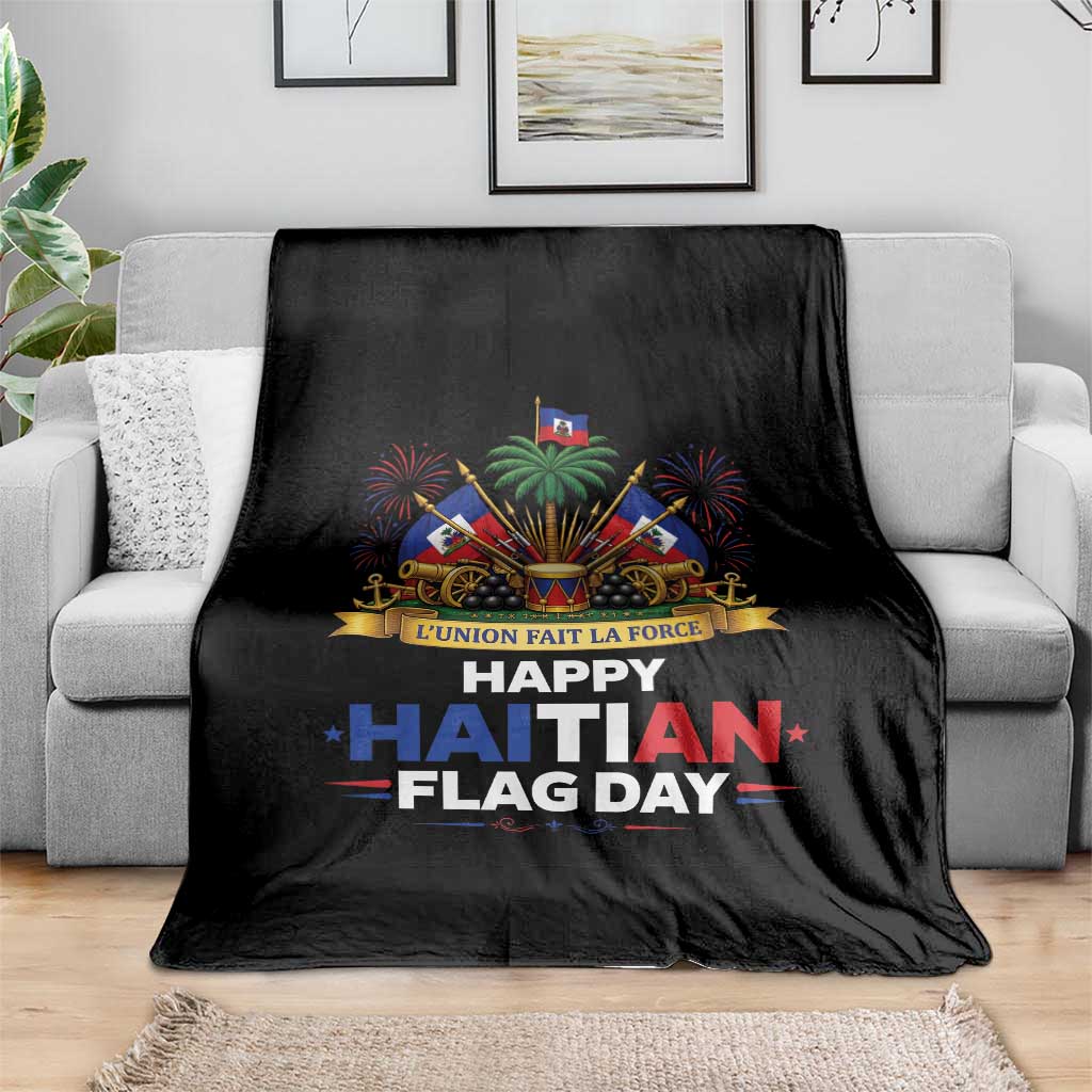 Happy Haitian Flag Day May 18 Heritage Celebration Throw Blanket L'Union Fait La Force Coat Of Arms Fireworks