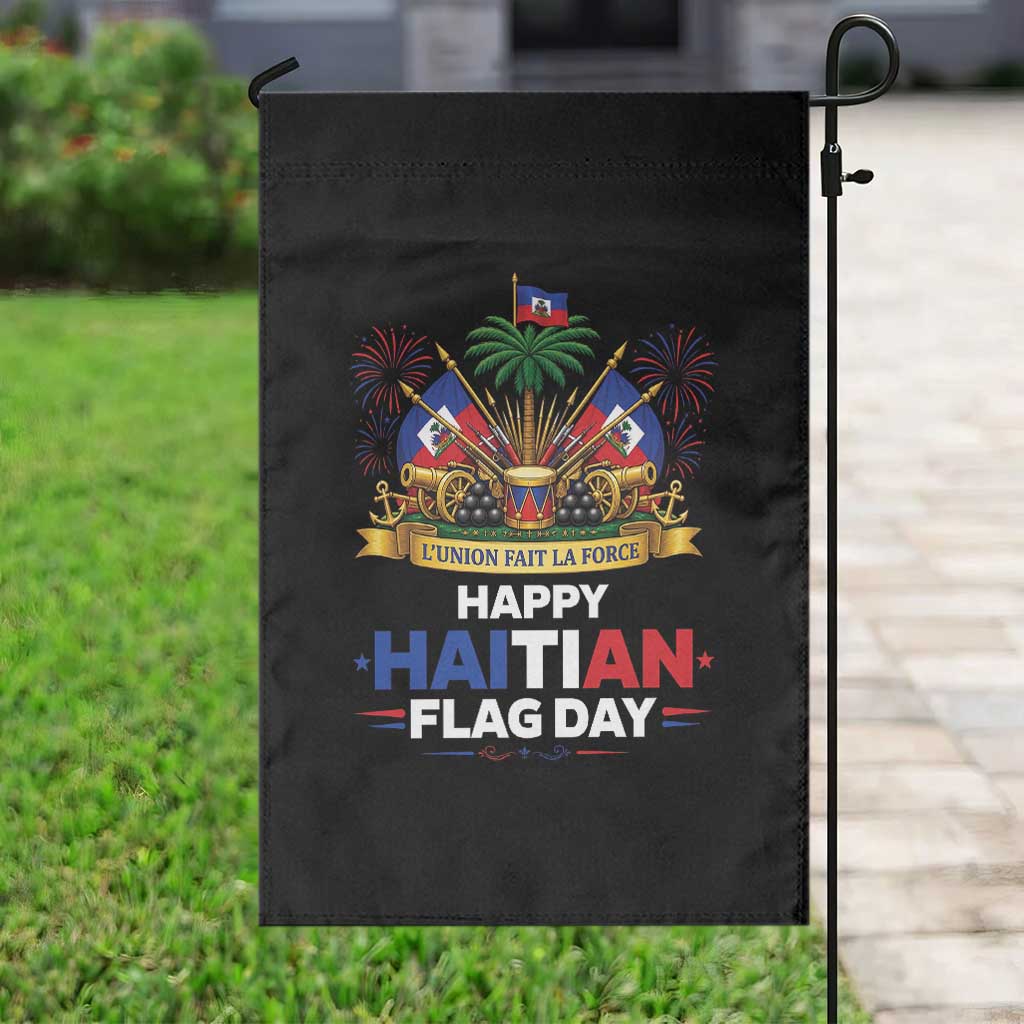 Happy Haitian Flag Day May 18 Heritage Celebration Garden Flag L'Union Fait La Force Coat Of Arms Fireworks