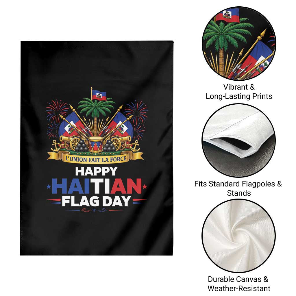 Happy Haitian Flag Day May 18 Heritage Celebration Garden Flag L'Union Fait La Force Coat Of Arms Fireworks