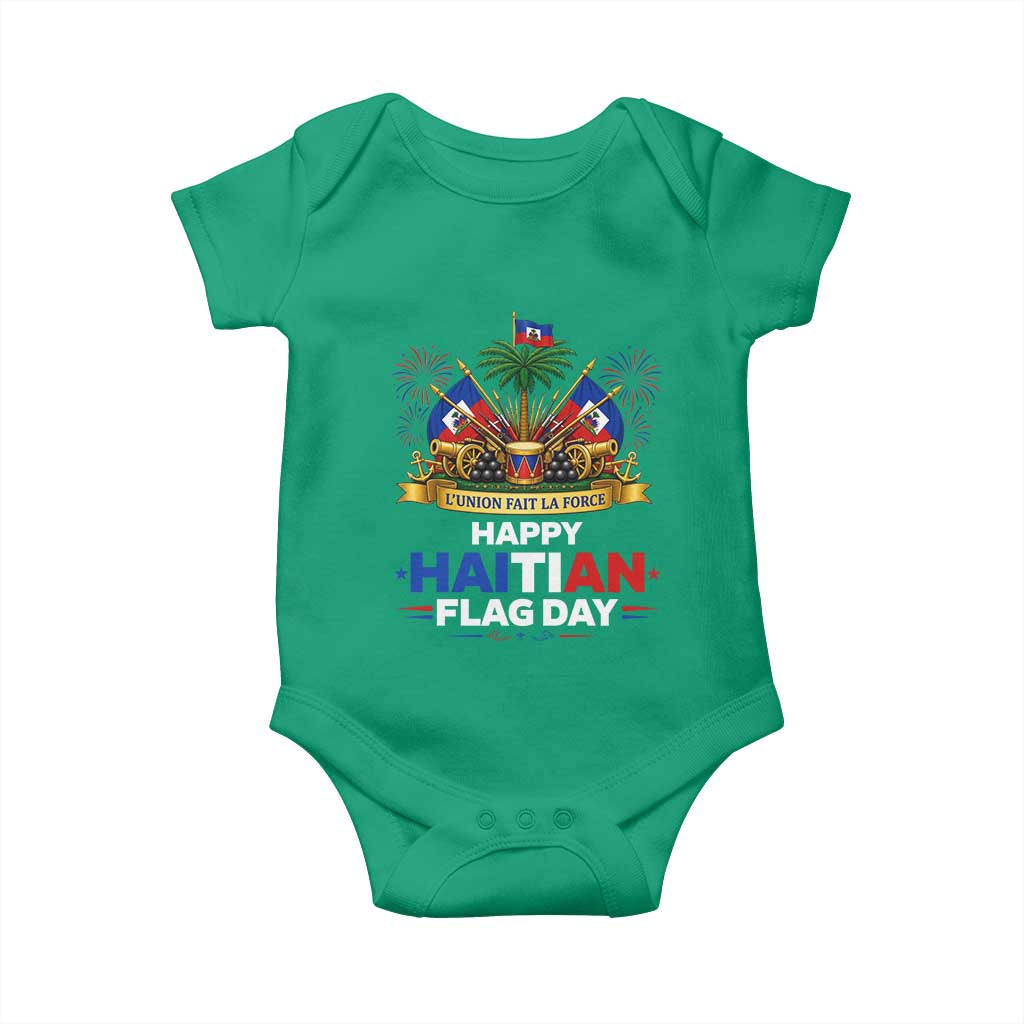 Happy Haitian Flag Day May 18 Heritage Celebration Baby Onesie L'Union Fait La Force Coat Of Arms Fireworks