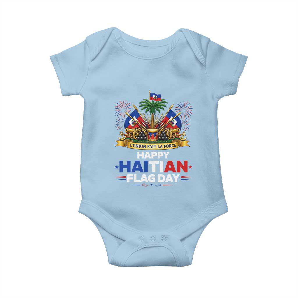Happy Haitian Flag Day May 18 Heritage Celebration Baby Onesie L'Union Fait La Force Coat Of Arms Fireworks