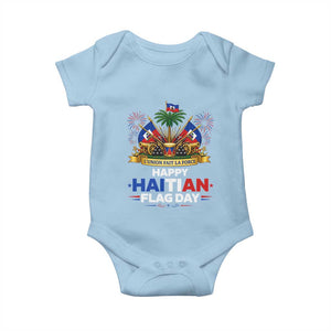Happy Haitian Flag Day May 18 Heritage Celebration Baby Onesie L'Union Fait La Force Coat Of Arms Fireworks