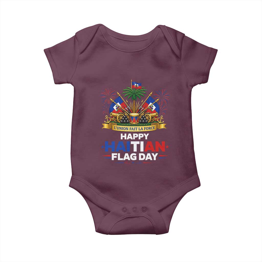 Happy Haitian Flag Day May 18 Heritage Celebration Baby Onesie L'Union Fait La Force Coat Of Arms Fireworks