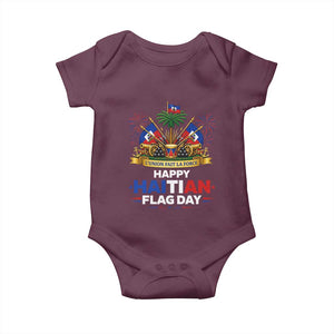 Happy Haitian Flag Day May 18 Heritage Celebration Baby Onesie L'Union Fait La Force Coat Of Arms Fireworks