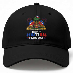 Happy Haitian Flag Day May 18 Heritage Celebration Baseball Cap L'Union Fait La Force Coat Of Arms Fireworks