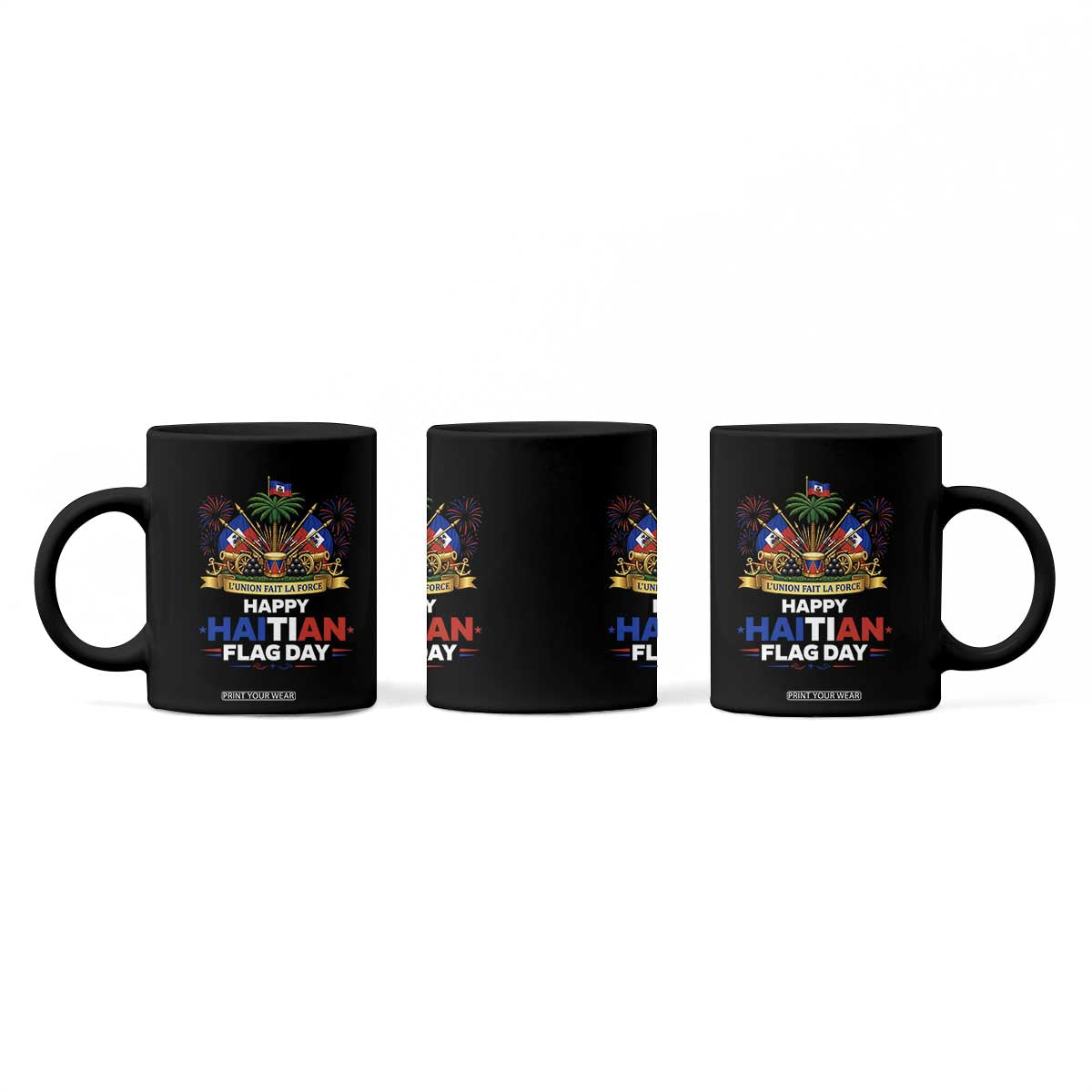 Happy Haitian Flag Day May 18 Heritage Celebration Coffee Mug L'Union Fait La Force Coat Of Arms Fireworks