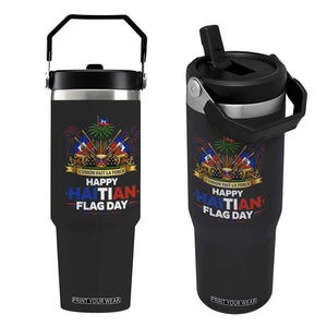 Happy Haitian Flag Day May 18 Heritage Celebration Flip Straw Tumbler L'Union Fait La Force Coat Of Arms Fireworks