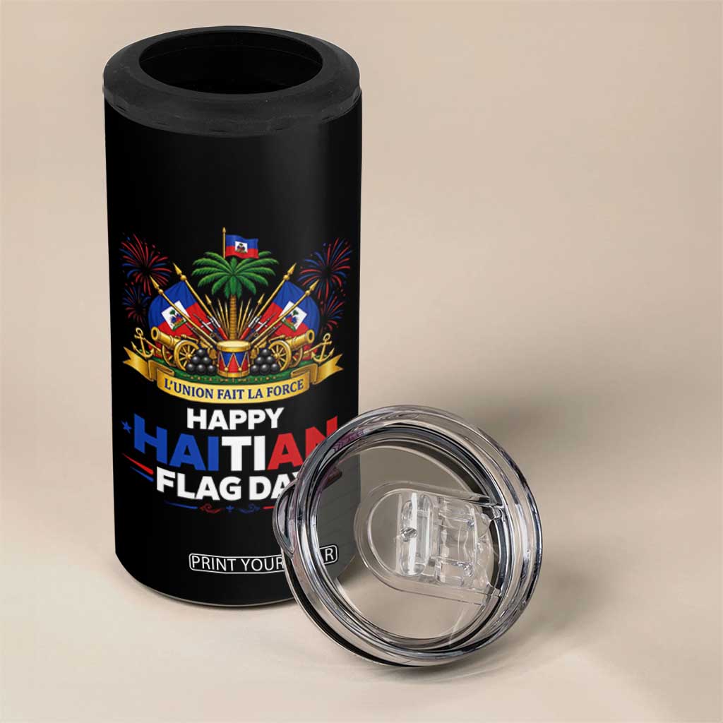 Happy Haitian Flag Day May 18 Heritage Celebration 4 in 1 Can Cooler Tumbler L'Union Fait La Force Coat Of Arms Fireworks