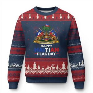 Happy Haitian Flag Day May 18 Heritage Celebration Ugly Christmas Sweater L'Union Fait La Force Coat Of Arms Fireworks